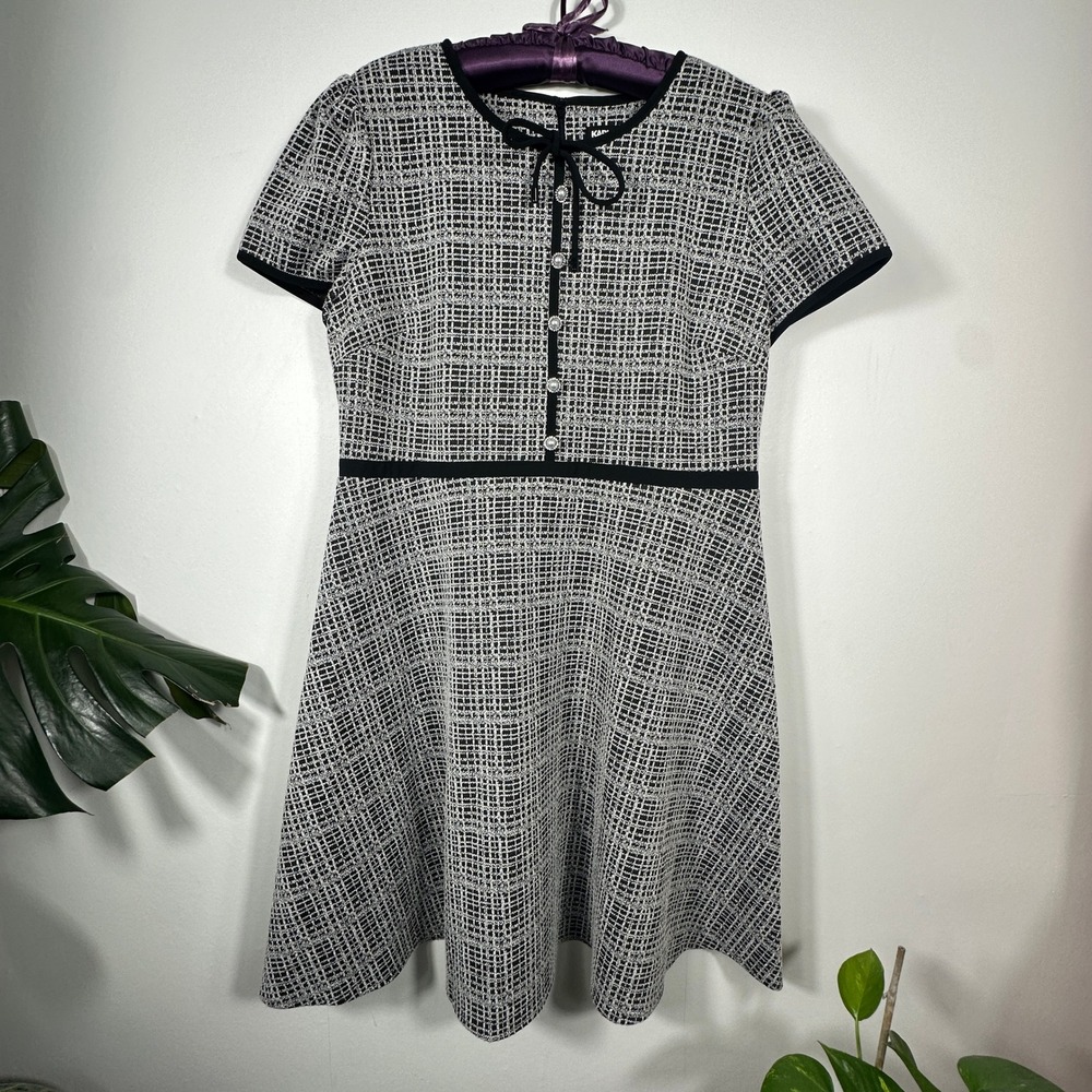 Karl Lagerfeld Paris Knit Jacquard Dress Dress Black White Pearl Rhinestone